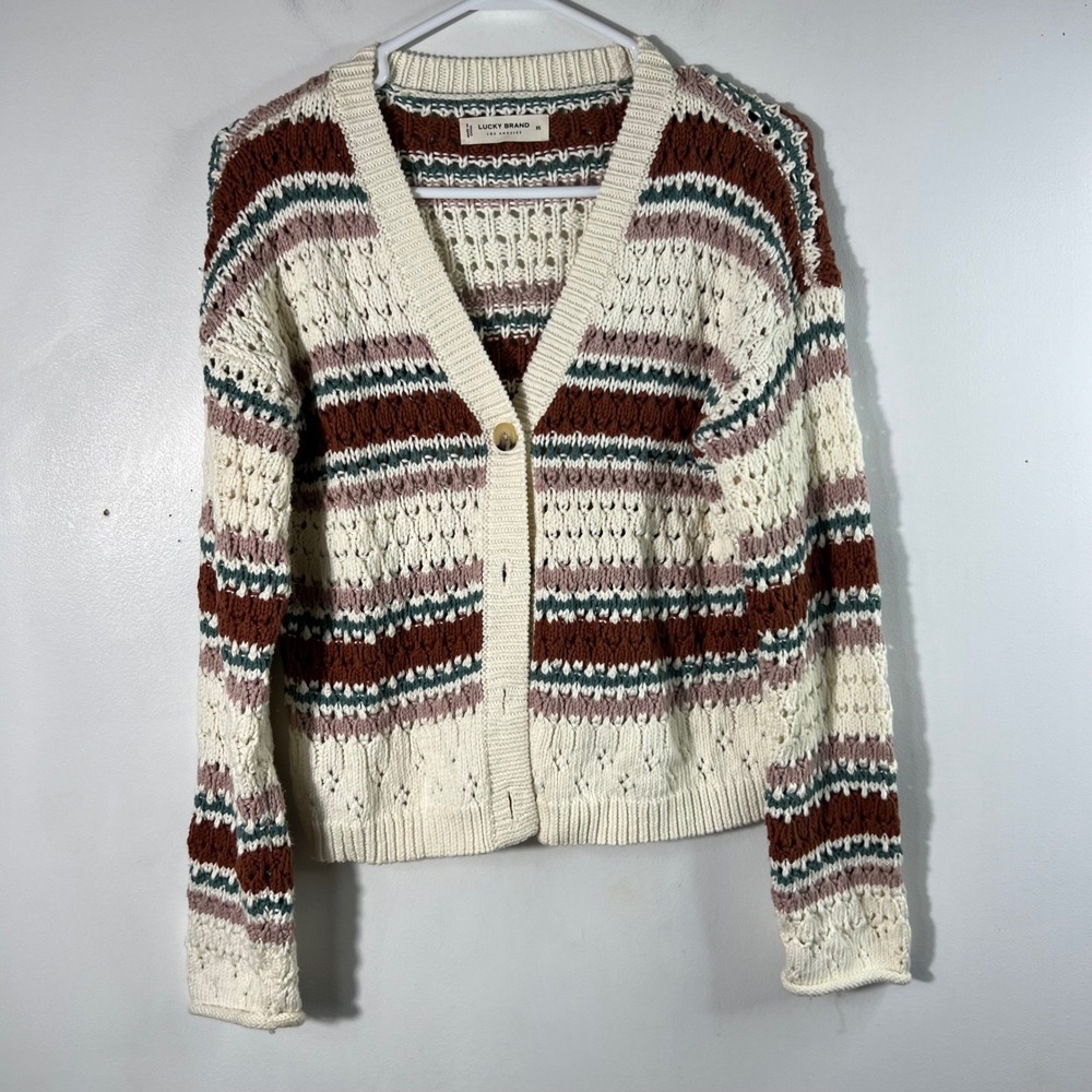 Lucky Brand Knit Cardigan Striped XS Brown Cream Green